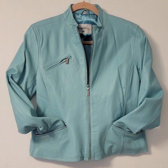 ❣️HP❣️ Pamela McCoy 100% leather aqua full zip satin lined jacket sz: M NWOT - Picture 3 of 12